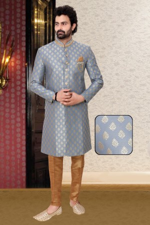 Grey Jaquard Silk  Indo Western  Sherwani